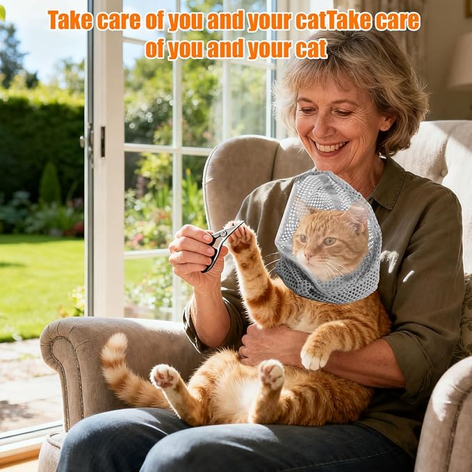 Adjustable Cat Muzzle for Grooming, Breathable Cat Pet Head Cover with Transparent Anti-Bite Bubble Mask Helmet for Nail Trimming Bathing & Vet Visits (M Size)