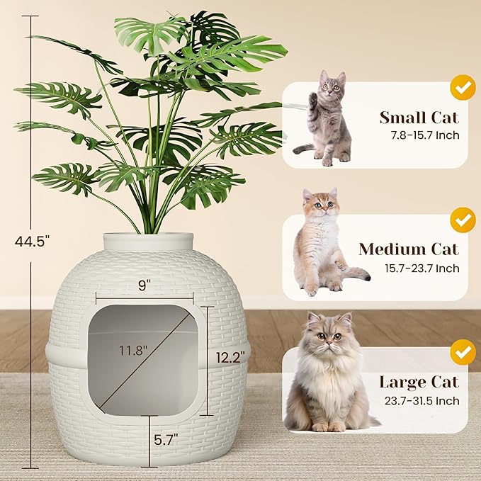 FansaFurn Hidden Litter Box with Faux Plant, Large Cat Litter Box with Rattan Pattern, Heavy Duty PP Material Litter Box Enclosure Furniture for Home Decor, Light Grey