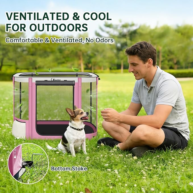 Siedihit Dog Cat Playpen Crate with Washable Pee Pad, Reinforced Durable Dog Cage, Portable Foldable Pet Kennel with Breathable Visibility (Pink, Small)