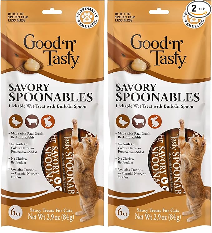 Good ‘n’ Tasty Savory Spoonables with Real Duck, Beef & Rabbit, 6 Count Tube, Triple Flavor Squeezable Lickable Wet Treats for Cats with Built-in Spoon for Less Mess (Pack of 2)