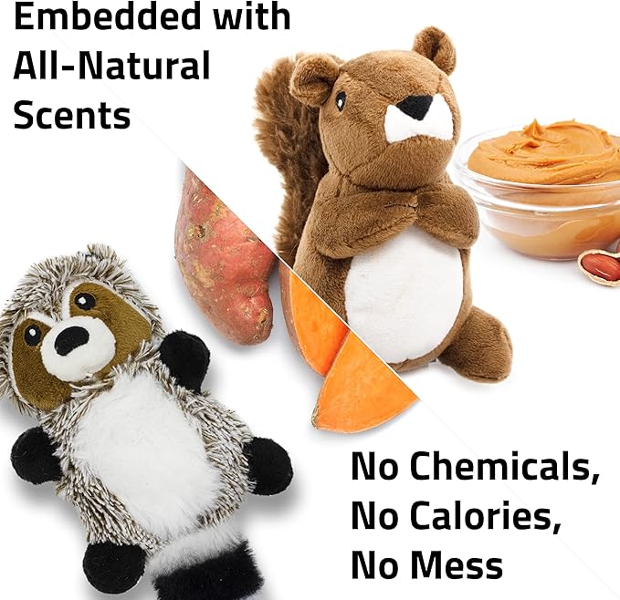 Playology Dog Toys | Plush Raccoon & Squirrel Stuffed Animal for Dogs, Value 2-Pack | Small Peanut Butter & Sweet Potato Scented Squeaky Toys | Plush Chew Toy for Dogs