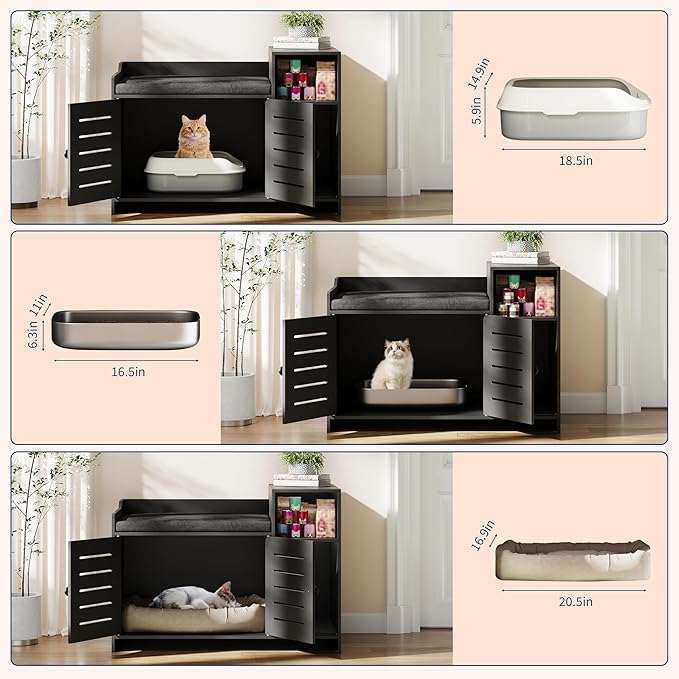Cat Litter Box Enclosures, Large Hidden Cat Litter Box Furniture with Double Door, Wooden End Table Litter Box Cabinet with Storage Shelf, Cushion & Litter Mat, Dog Proof Design, Modern Cat House