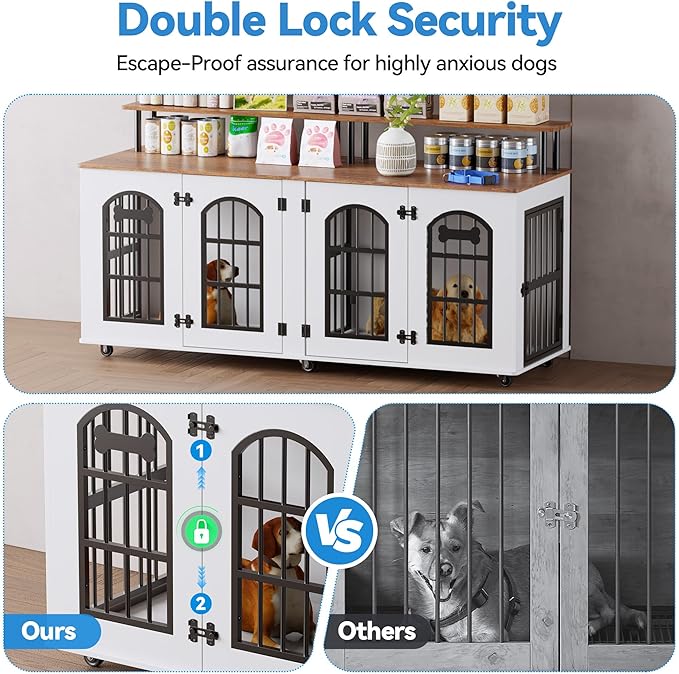 Petrova 63" Dog Crate Furniture for 2 Dogs, Heavy Duty Indoor Dog Kennel for Medium/Large Dogs, Wooden Dog Cage with Removable Divider, 6 Lockable Wheels, Storage Compartment, Beige