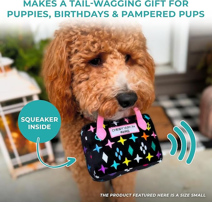 Haute Diggity Dog Chewy Vuiton Handbag Plush Squeaky Dog Toy, Soft Durable Designer-Inspired Stuffed Puppy Chew Toys for Small & Medium Dogs, Machine-Washable (Black Monogram) Large