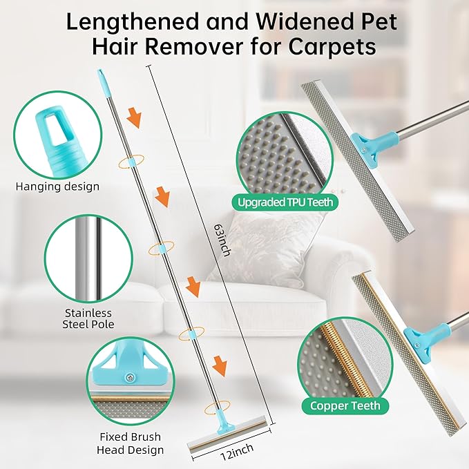 Carpet Rake for Pet Hair Removal Tool, 2 in 1 TPU and Copper Rake Teeth Uproot Clean Hair Remover with 63’’ Adjustable Long Handle,Reusable Cat & Dog Fur Broom for Carpets,Rugs, Mats