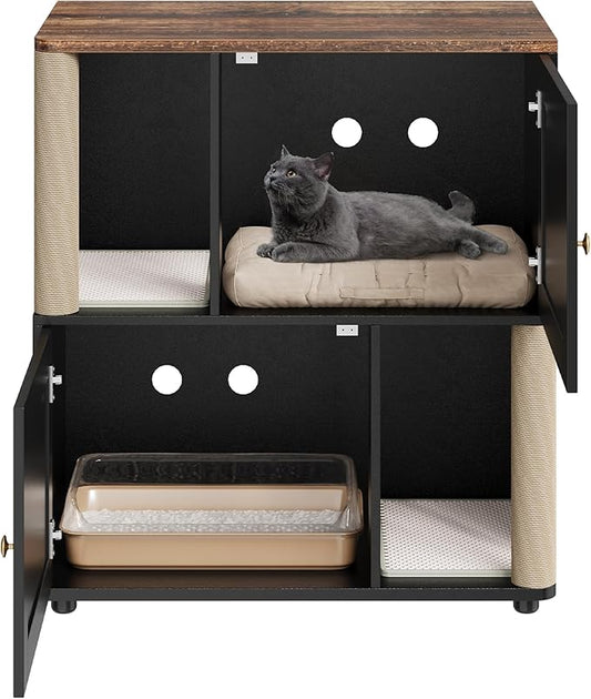 Double Layer Cat Litter Box Enclosure for 2 Cats, Hidden Litter Box Furniture with Cat Scratching Post and Board, 2 Story Wooden Cats Washroom or Bed, Pet House End Table for Living Room Balcony