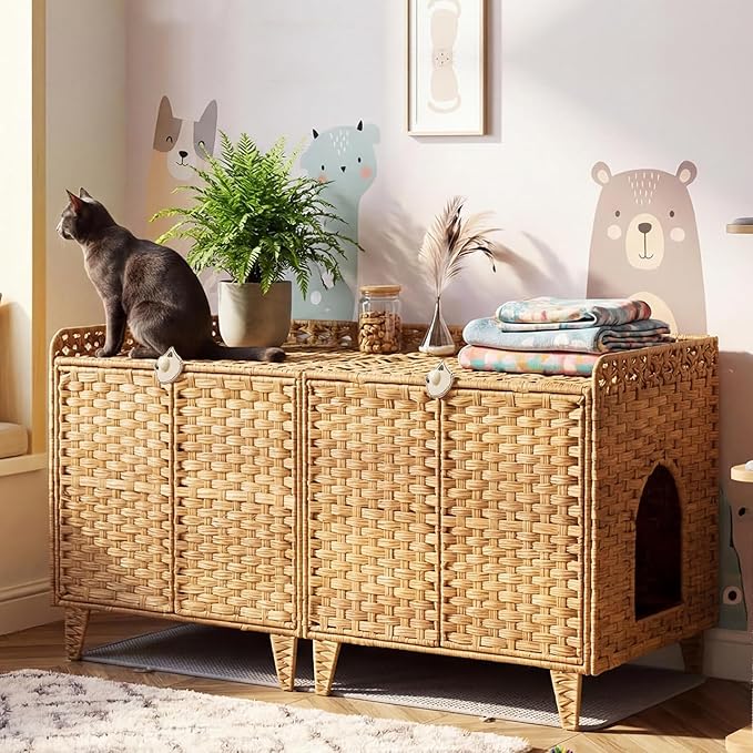 Cat Litter Box Enclosure Furniture, Handwoven Rattan Cat Houses, Hidden Cat Washroom Furniture with Door/Mat, Large Space Cat Houses with S-Shaped Hooks, Living Room, Bedroom, Natural