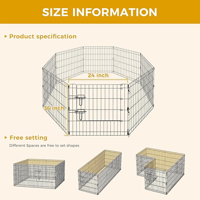PAWZ Road Dog Playpen Foldable Metal Dog Fence with Door, Outdoor for Yard and Indoor Use Portable Design for RV and Camping- 8 Panels (24" Wide Each), 36 inch Height for Small Dogs Puppy Large Dogs
