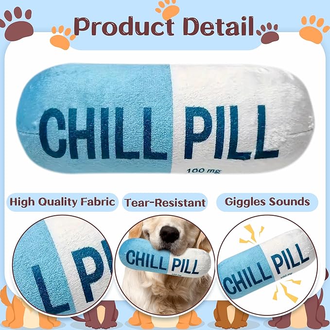 CUweipeng Squeaky Dog Chew Toy - Blue Chill Pill Capsule Teething Funny Small Dog Squeaky Soft Plush Pet Toy Bite Kick Indoor Interactive Training Play Present Pet Lover Gift Photo Prop Keep Them Busy