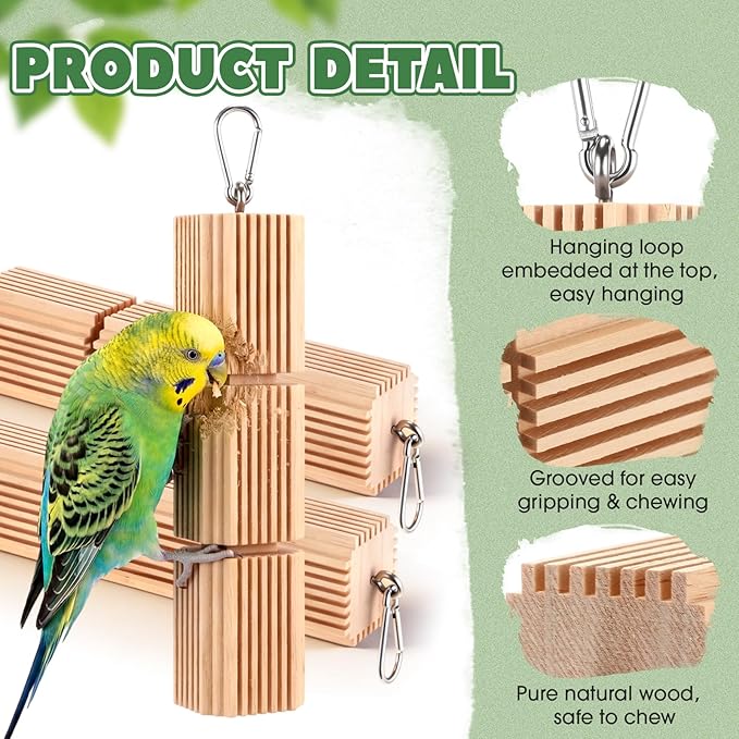 CroBlissful 3 Pcs Parrot Chew Toys Large Hanging Bird Toys for Parrot 9 Inch Natural Wooden Bird Foraging Toy Beak Grinding Blocks for Parakeet, Cockatiel, Conure, Lovebird, Macaws, African Grey