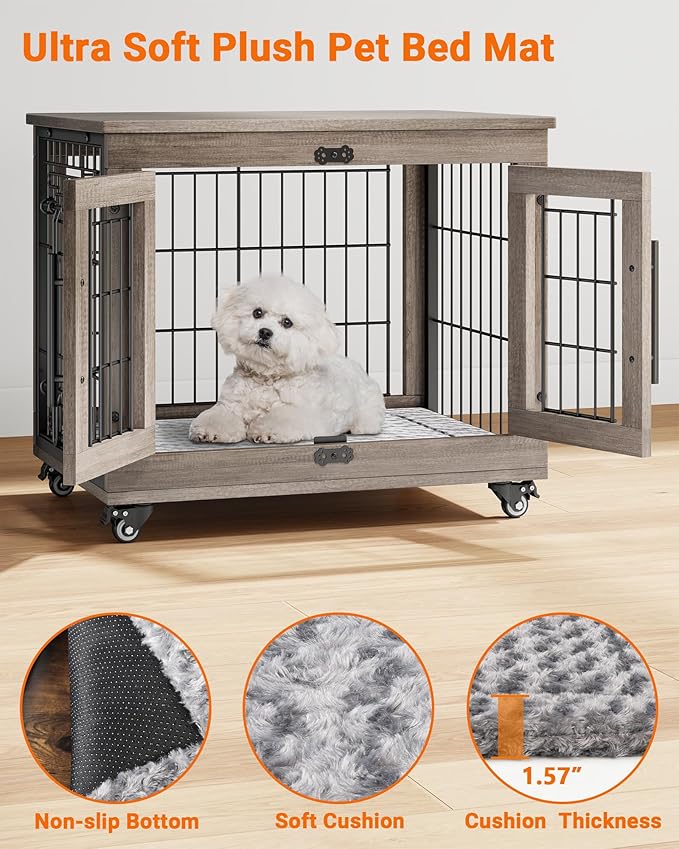 YaFiti Dog Crate Furniture with Cushion Set of 2, Wooden Dog Kennel Indoor with Double Doors, Dog Cage with Wheels, Dog House Side End Table for Small Dogs up to 30 lb, 27.2" L, Grey