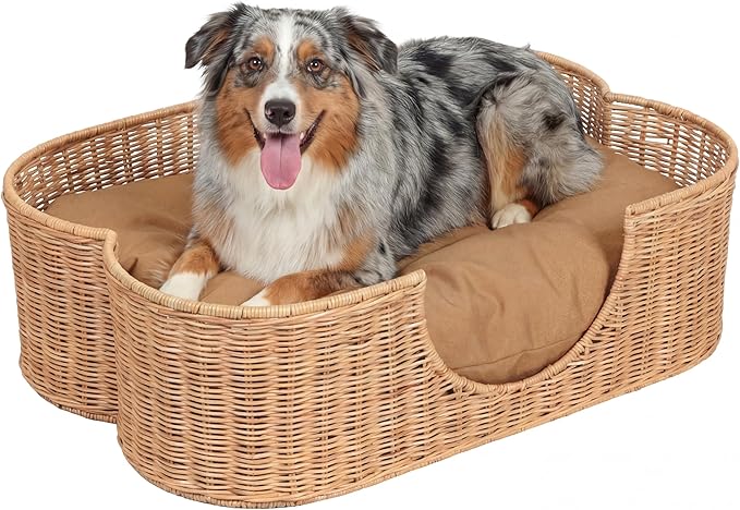 DBD1003B Scallop Handwoven Water Hyacinth Pet Bed with Machine Washable Cushion, 31" x 20" Wicker Cat and Dog Bed for Medium to Large Pets, Boho Tropical Style Basket, Light Brown