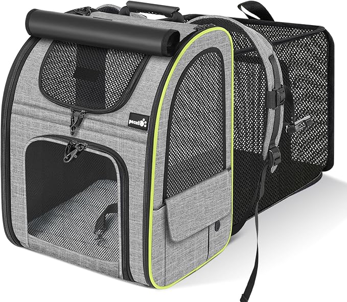 Pecute Cat Backpack Carrier XL, Expandable Pet Backpack Curtain Design for Cats Dogs Up to 15lbs, with 4-Side Breathable Mesh, Multi-Entry & Lockable Zippers for Travel, Hiking, Camping - Hands Free