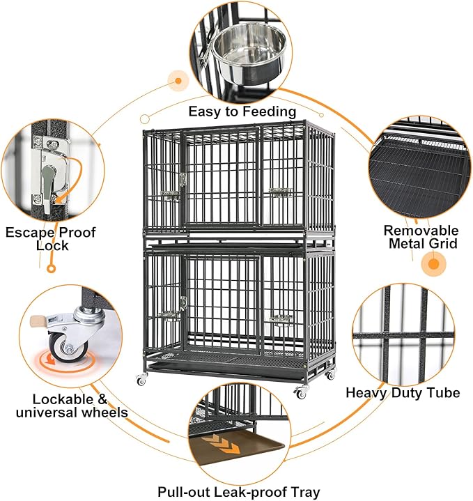 Homey Pet Two Tiers 37 Inch Dog Crate Cage Kennel with Feeding Bowls, Lockable Wheels and Removable Tray, Escape Proof Metal Wire Heavy Duty Dog Crates for Medium/Small Sized Dogs (4 Pack)