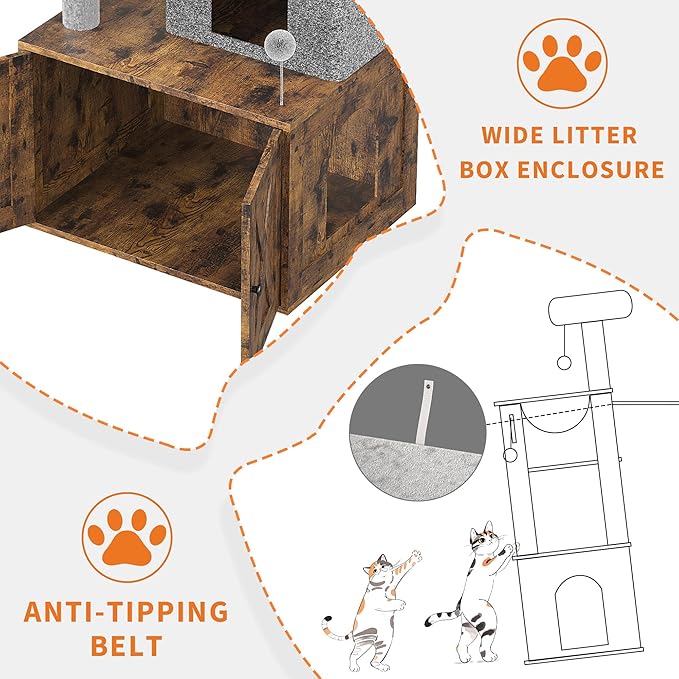 Litter Box Enclosure with Cat Tree, 2 in-1 Modern Cat Tower, Hidden Washroom Furniture, Wood Cat Condo with Scratching Post and Hammock, Indoor Pet Furniture with Multiple Platform, Rustic Brown