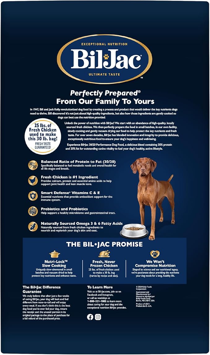 Bil-Jac 30/20 Performance Dry Dog Food | High Energy Chicken Recipe | 30 lb