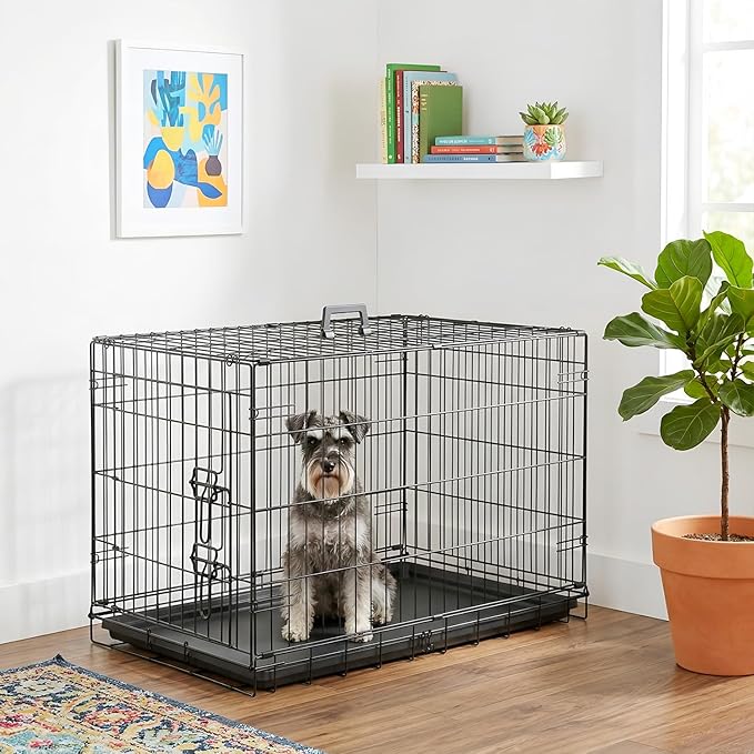 FDW Dog Crate 30-Inch Dog Cage Single Door Foldable Metal Kennel with Leakproof Tray Foldable Design Indoor Outdoor Use for Small and Medium Dogs,Dark Black