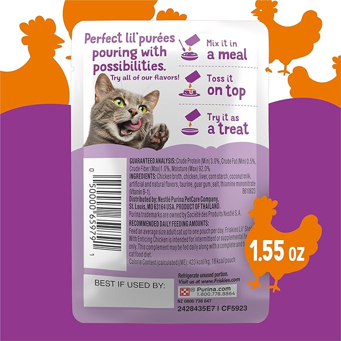 Friskies Purina Pureed Cat Food Topper,Lil’ Shakes with Enticing Chicken Lickable Cat Treats - 1.55 oz. Pouches,(Pack of 32)