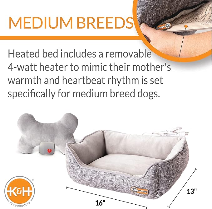 K&H Pet Products Mother’s Heartbeat Heated Puppy Bed Heated Bed + Bone Pillow Gray Medium Breed Heartbeat 13 X 16 Inches