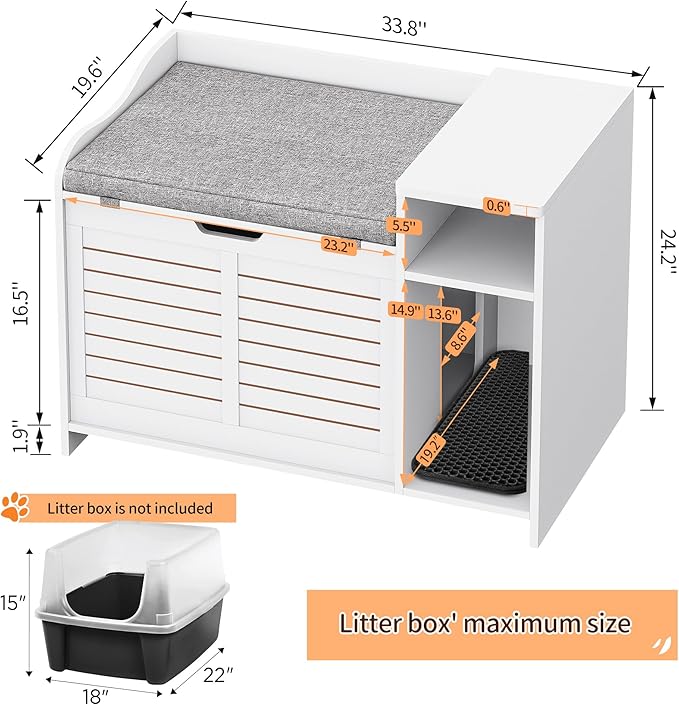 Wooden Cat Litter Box Enclosures with Storage Shelf - Hidden Litter Box Furniture for Cat with Cushion & Mat - Litter Box Cabinet