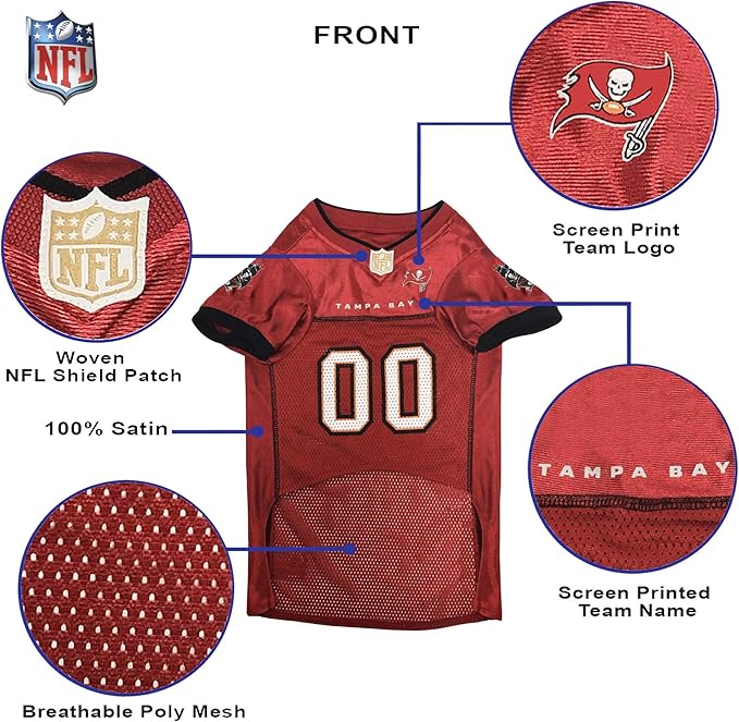 Pets First NFL Tampa Bay Buccaneers Dog Jersey, Size X-Small, Football Shirt Costume for Pet, Dog Sports T-Shirt, NFL Team Clothing for Cats, Licensed Pet Apparel Available in 7 Sizes and 32 Teams