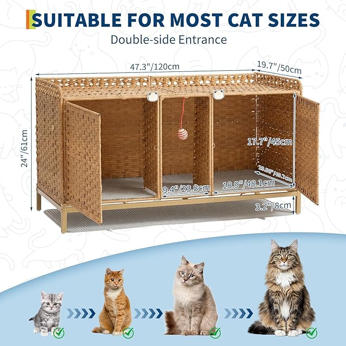 Cat Litter Box Enclosure Furniture, Handwoven Rattan Cat Houses, Hidden Cat Washroom Furniture with Door/Mat, Large Space Cat Houses with S-Shaped Hooks, Living Room, Bedroom, Natural