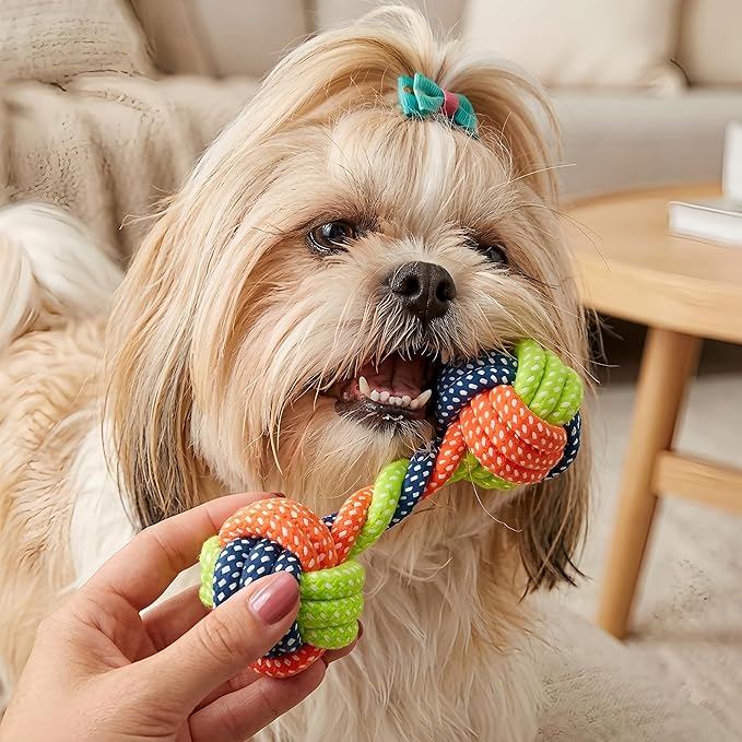 Cotton Rope Dog/Cat Toy, Dumbbell Style Chew Toy, Multicolor Handmade Braided Chew Toy for Dogs/Cats, Tough Dental Knot (2-Piece Set)