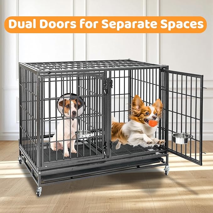 Homey Pet 43 Inch 2 Tiers Dog Crate Cage Kennel with Divider, Stackable Heavy Duty Dog Crate for Large Dogs, Escape Proof Indestructible Dog Kennel Indoor with Removable Tray, Lockable Wheels(4 Packs)