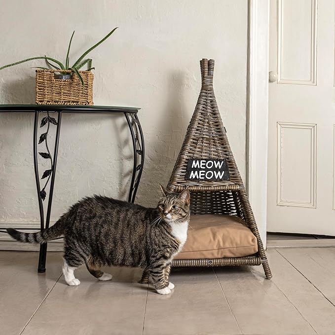 CBD1002A Tiki Tent 20" x 20" Coastal Handwoven Rattan Cat Bed with Machine-Washable Cushion, Kubu Gray
