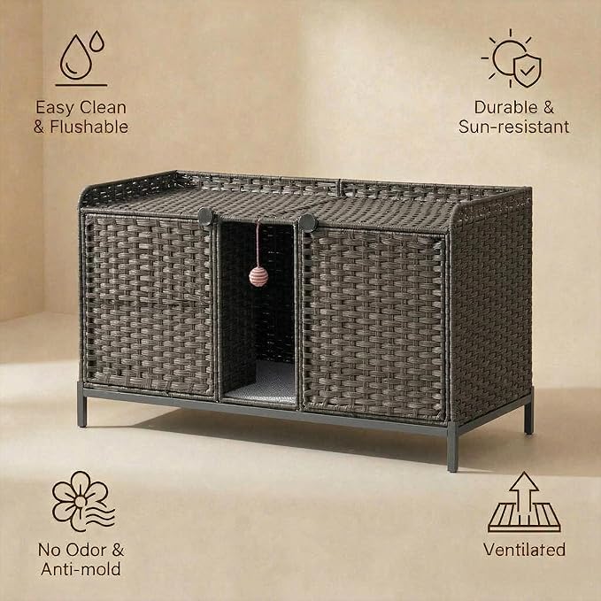GAOMON Cat Litter Box Enclosure Furniture, Handwoven Rattan Cat Houses, Hidden Cat Washroom Furniture with Door/Mat, Large Space Cat Houses with S-Shaped Hooks, Living Room, Bedroom, Gray