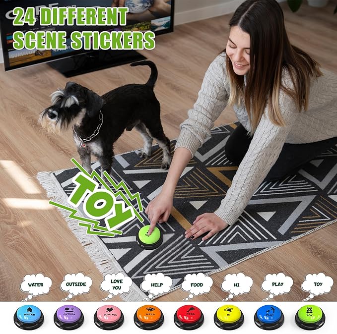 Dog Buttons for Communication, 8 Pack Recordable Talking Buttons for Dog Training with 30 Seconds Voice Recording | Includes Non-Slip Mat & Dog Bath Brush Present Set
