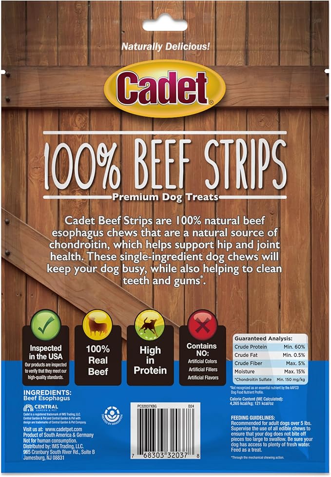 Cadet 100% Beef Strips Dog Treats, Single Ingredient Beef Esophagus Dog Jerky, Healthy High Protein Rawhide Alternative for Small & Large Dogs, 4 Ounce