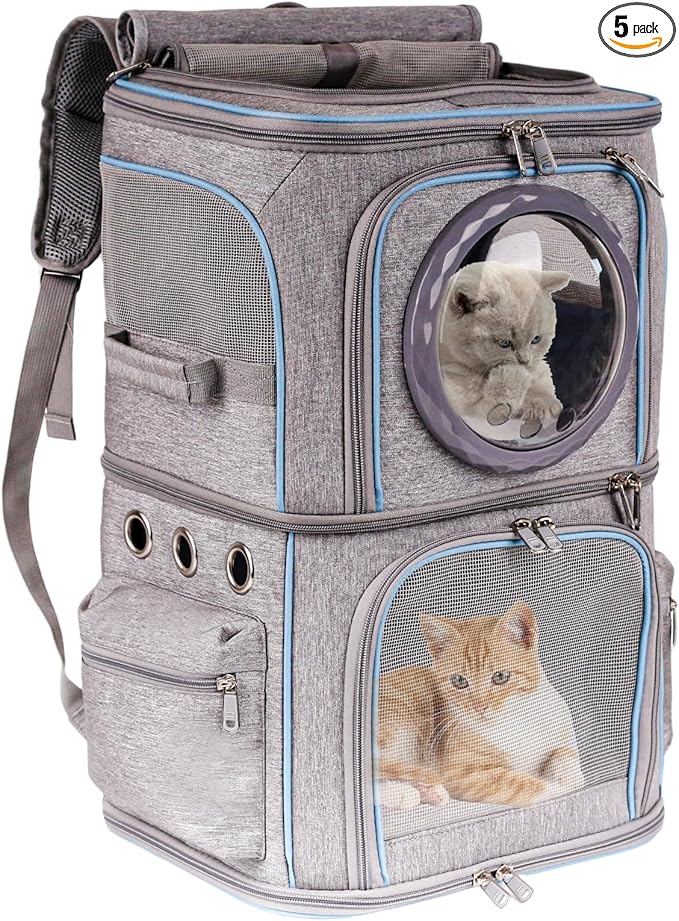 2-in-1 Pet Carrier Backpack for Two Cats or One Dog, Double-Layer 2 Compartment Carry Bag to Transport Small Animals Traveling and Hiking, Space Capsule Clear Bubble Dome