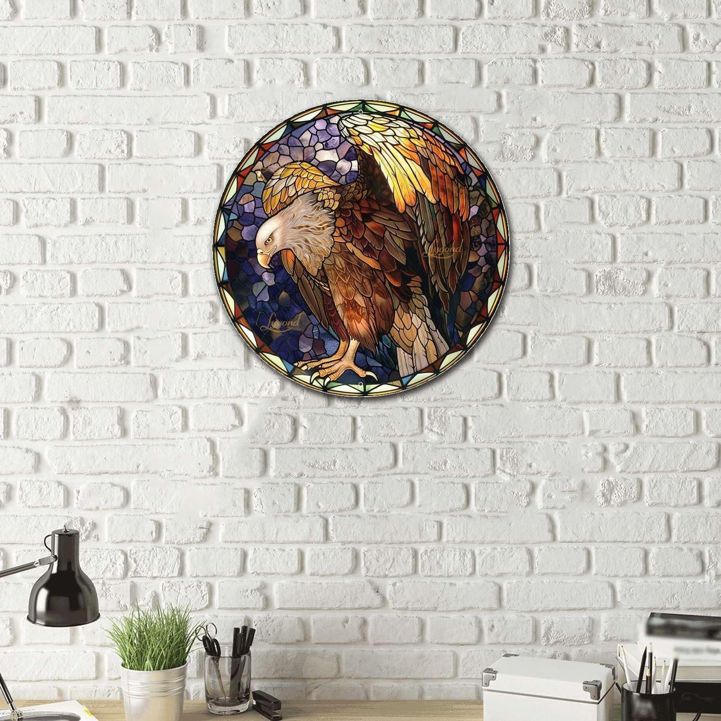 Lygond Metal Sign Tin Sign Circular Stained Glass Vulture Bathroom Decor For Garden 12×12 Inches