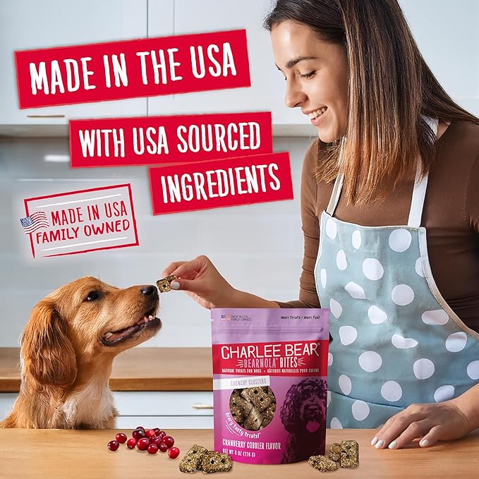 Charlee Bear Bearnola Bites Crunchy Dog Treats, Cranberry Cobbler, 8 Ounce Resealable Bag, Limited Ingredient, Natural, Healthy Granola Dog Snacks, Made in USA