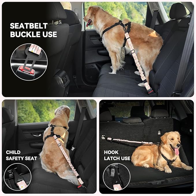 Pawaboo Dog Car Seat Belt– Reflective & Adjustable Dogs Cars Harness Leash with 360° Lockable Buckle, Shockproof Dogs Tether Bungee for Safe Travel, Light Pink Flowers