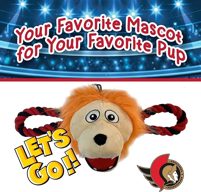 NHL Ottawa Senators Mascot Toy for Dogs & Cats. Cute & Entertaining Face with Heavy-Duty Ropes. 7" Chewy Cartoon Toy with Inner Squeaker