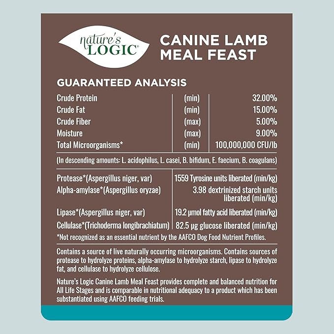 Nature's Logic Dry Dog Food - 100% Natural - No Synthetics - for All Ages, Sizes, Breeds - Free from Common Allergens, High Protein - Lamb Meal Feast, 25lbs