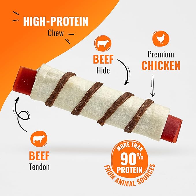 GOOD 'N' FUN Triple Flavor Wraps with Beef Tendon Chews, High-Protein Dog Treat for All Adult Dogs, Made with Real Beef Hide, Chicken & Beef Tendon, 8 Count
