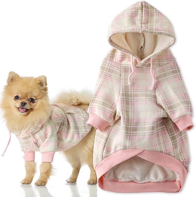 Pet Passion Rocky II - The Extra Comfy Hoodie, Organic Cotton and Recycled Poly Dog Hoodie Pet Coat Sweater for Small, Medium, Large Dogs, Pink Chesterfield Plaid, Large