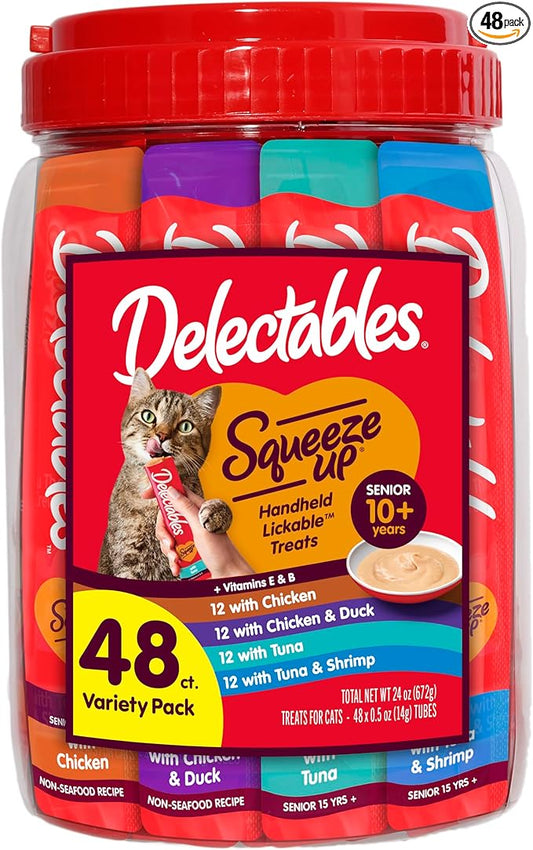Delectables Squeeze Up Senior 10+ Variety Pack, Creamy Squeezable Puree, Lickable Wet Cat Treats, Grain Free, 0.5 Ounces Tube, 48 Tubes Total