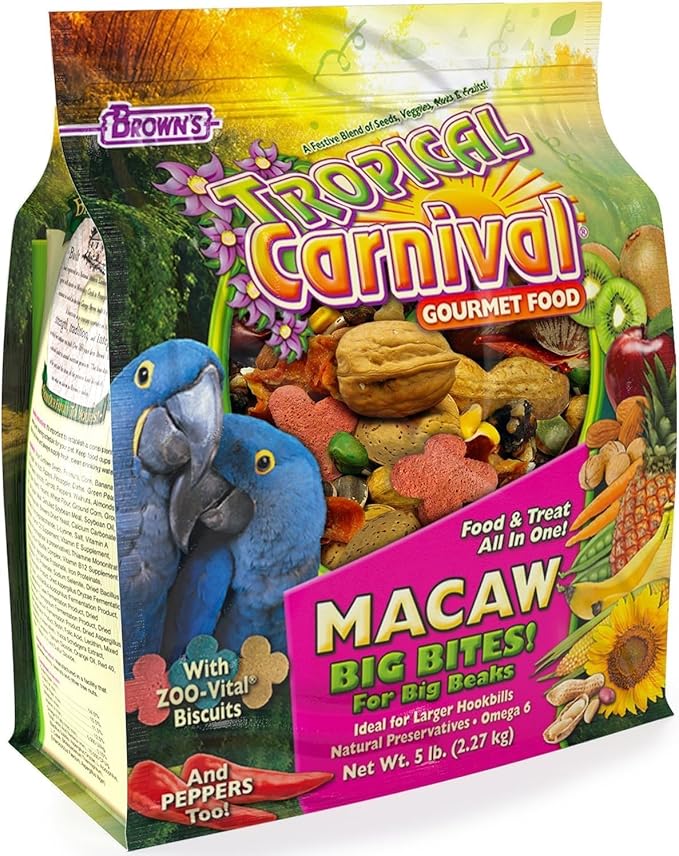 Tropical Carnival Brown’s Gourmet Macaw Bundle (2) Gourmet Macaw Big Bites Food for Big Beaks 5lb and Fruit & Nut Big Bites Treats. 10oz
