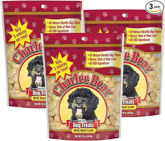 Charlee Bear Original Crunch Dog Training Treats, Beef Liver Flavor, 3 Calories Each, Low Calorie Natural Rewards for Puppies to Adult Dogs, Made in USA, 16 oz (3-Pack)