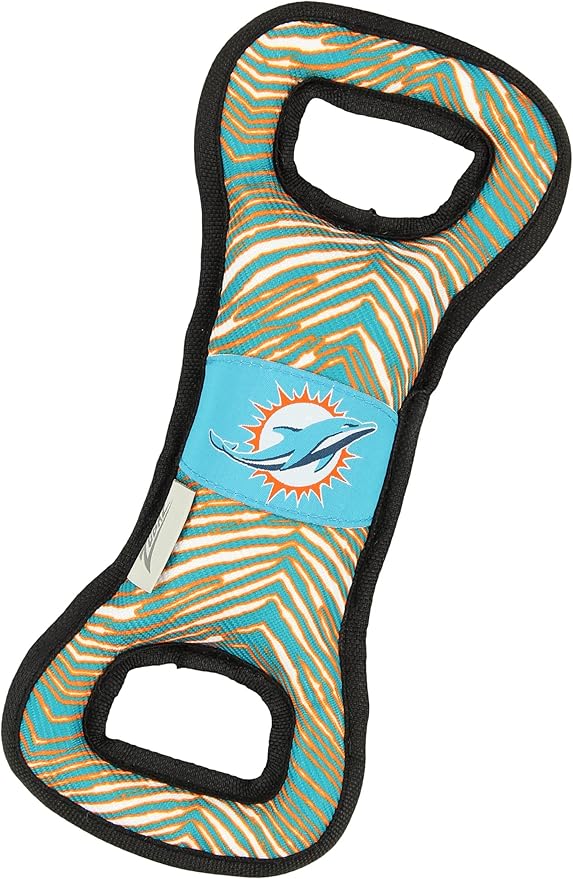 Zubaz NFL Team Logos and Colors Tug Dental Toy with Squeaker for Dogs & Cats, Miami Dolphins