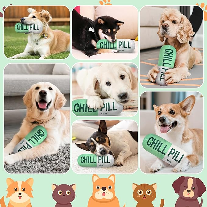 CUweipeng Dog Squeaky Chew Toy - Green Chill Pill Capsule Stuffing Teething Squeak Soft Plush Pet Puppy Toy Supplies Outward Hound Small Medium Large Breed Crinkle Dog Aggressive Chewer Keep Them Busy