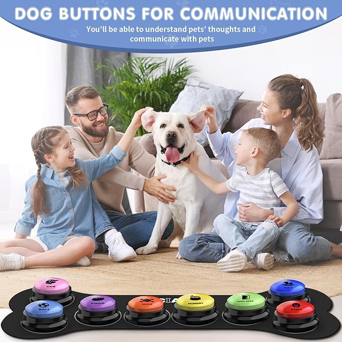Dog Buttons for Communication, 8 PCS Dog Talking Button Set,30 Seconds Recordable Pet Training Buzzer，with Training Manual Book+16 AAA Batteries+24 Scene Modes + 1 Dog Button Mat