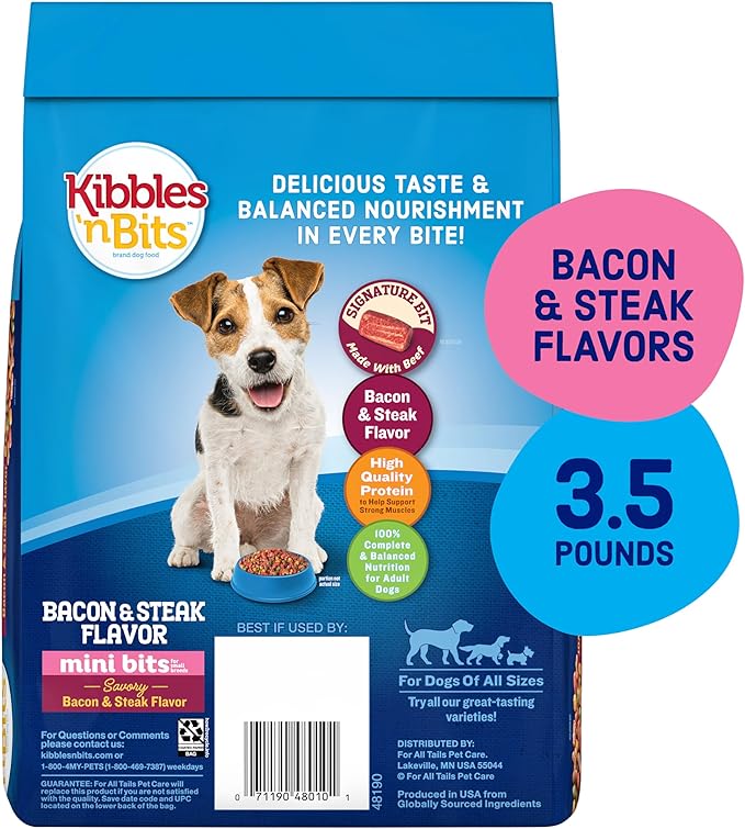Kibbles 'n Bits Mini Bits Small Breed Dry Dog Food, Savory Bacon & Steak Flavor for Adult Dogs, 3.5 lb. Bag