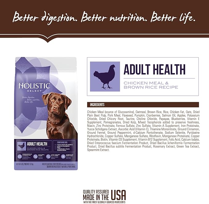 Hollistic Select Adult Dry Dog Food, Wholesome Grain Kibble, Natural, Chicken Meal and Rice Recipe, 30 lb Bag