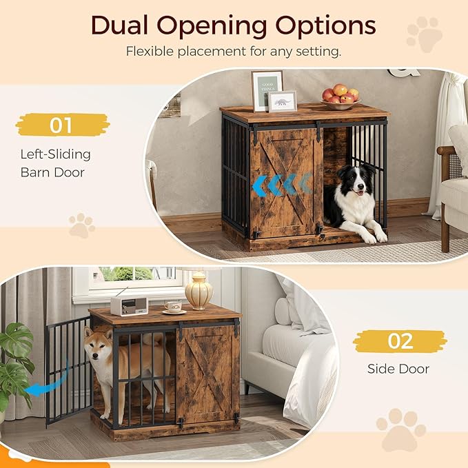 MAHNACRIS 31.5" Farmhouse Dog Crate Furniture with Barn Door, Heavy Duty Dog Kennel for Small Medium Dogs, Wooden Dog Cage End Table, Decorative Pet House, Chew Resistant, Rustic Brown DCHR8001