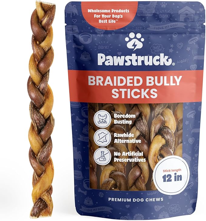 Pawstruck 100% Natural 12 in Braided Bully Sticks for Dogs - 1 lb Bag Long Lasting Rawhide Free Single Ingredient Beef Pizzle Chew Treats for Aggressive Chewers and Dental Health